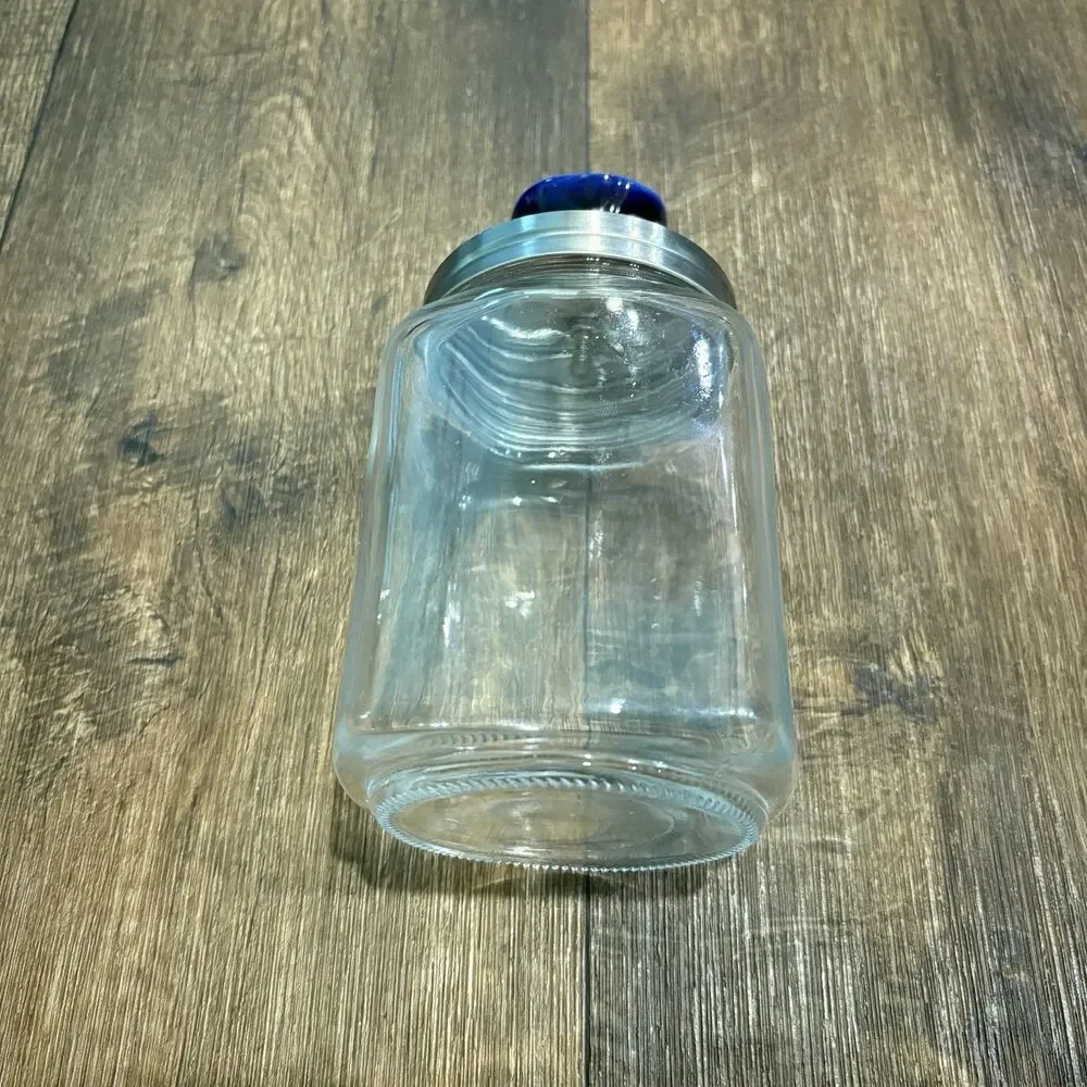 Glass Storage Canister Blue Porcelain Knob Stainless Lid Kitchen Counter Jar